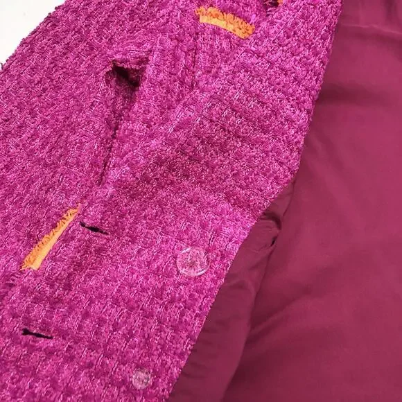 L'AGENCE Hot Pink Tweed Double-Breasted Blazer with Orange Trim - Picture 10 of 13